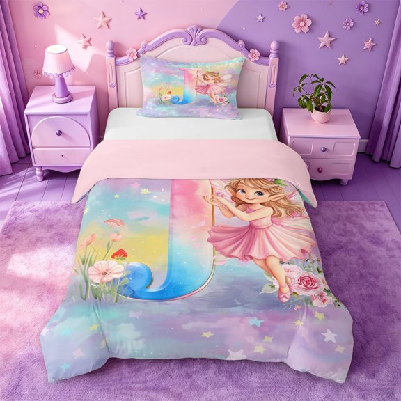 jejeloiu Watercolor Gradient Graffiti Twin Bedding For Girls,Magical Rainbow Initial J Duvet Cover Set For Kids,Pink Reversible,2pcs(No Comforter)