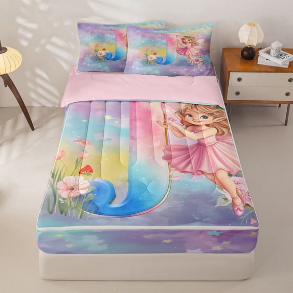 jejeloiu Watercolor Gradient Graffiti Zipper Twin Comforter Sets with Fitted Sheet and 2 Pillowcases For Girls,Magical Rainbow Initial J Zipper Bedding Set For Kids,Pink Reversible,4-Piece