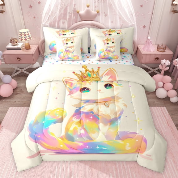 jejeloiu Watercolor Graffiti Cat 7pcs Bedding Comforter Set,Chic Colorful Kitten Queen Bedding Sets For Teens Reversible