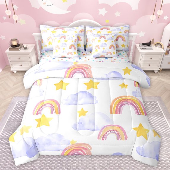 jejeloiu Watercolor Graffiti Rainbow 7-Piece Twin Bedding Sets,Stars Clouds Print Bedding Comforter Set,White Orange Purple Sheet Sets For Girls,Breathable Home Decor Reversible