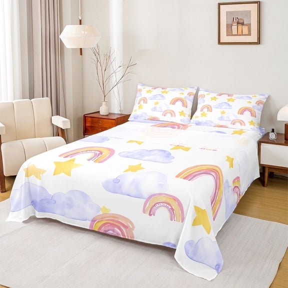 jejeloiu Watercolor Graffiti Rainbow Bed Sheets,Stars Clouds Print King Sheets,White Orange Purple Sheet Set For Girls,Breathable Home Decor,4-Piece
