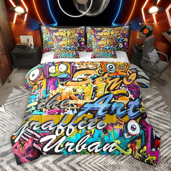 jejeloiu Watercolor Hippie Graffiti 7 Pieces Bedding Comforter Set,Abstract Artistic Full Bedding Set For Kids Reversible