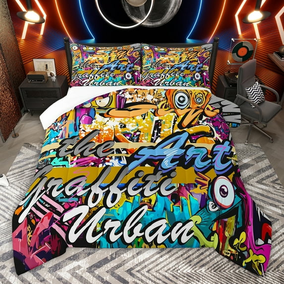 jejeloiu Watercolor Hippie Graffiti Full Size Comforter Sets,Abstract Artistic Bedding Sets For Kids 3-Piece