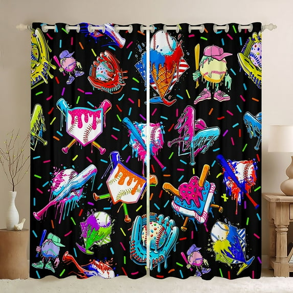 jejeloiu Watercolor Ice Cream Black Out Curtains,Baseball Sport Game Curtains Pack of 2 (42x63 Each),Colorful Graffiti Drip Bedroom Curtains For Boys Girls,Breathable Home Decor