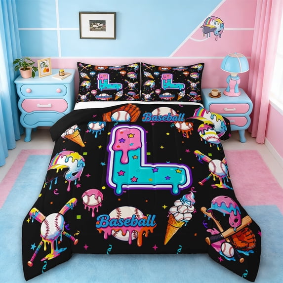 jejeloiu Watercolor Ice Cream Queen Comforter Set,First Letter L Bedding Comforter Set For Baseball Lover Reversible 3pcs