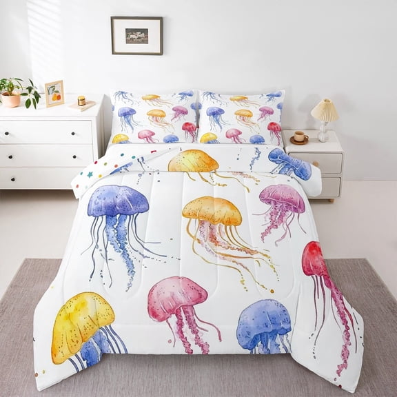 jejeloiu Watercolor Jellyfish Bedding Comforter Set,Ocean Animal Twin Comforter Sets,Colorful Splashing Ink Bedding Set For Boys Girls Kids,Microfiber Bedroom Decor Reversible,2 Pieces