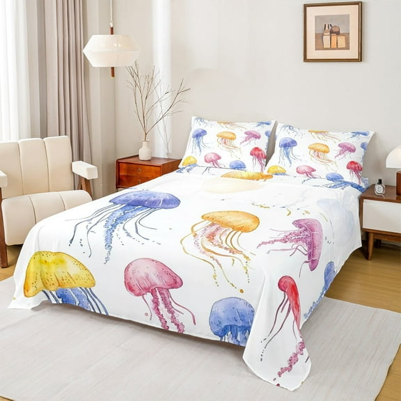 jejeloiu Watercolor Jellyfish Twin Sheet Sets,Ocean Animal Twin Fitted Sheet,Colorful Splashing Ink Flat Sheet For Boys Girls Kids,Microfiber Bedroom Decor,3 Pieces