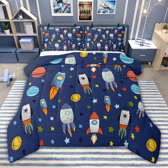 jejeloiu Watercolor Kawaii Rocket Twin Comforter Sets,Cartoon Stars Print Bedding Set For Boys Men Reversible 2-Piece