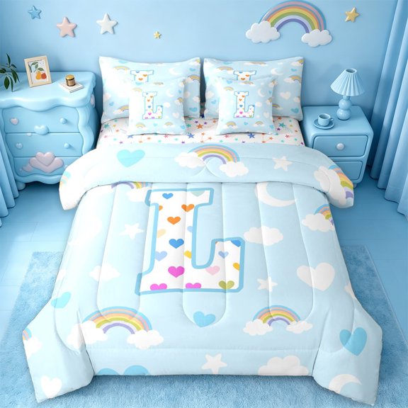 jejeloiu Watercolor Loves Initial L 7-Piece Twin Bedding Sets For Kids,Rainbow Cloud Monogram Art Bedding Comforter Set For Girls,Colorful Stars Reversible