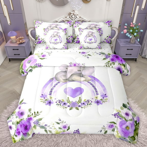 jejeloiu Watercolor Loves Rainbow 7 Pieces Bedding Comforter Set,Wild Elephant Rustic Floral Full Bedding Set,Purple White Fitted Sheet Flat Sheet For Kids,Ultra Soft Home Decor Reversible