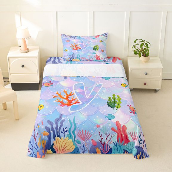 jejeloiu Watercolor Monogram Y Twin Sheet Sets For Kids,Ocean Wave Texture Bedding,3-Piece