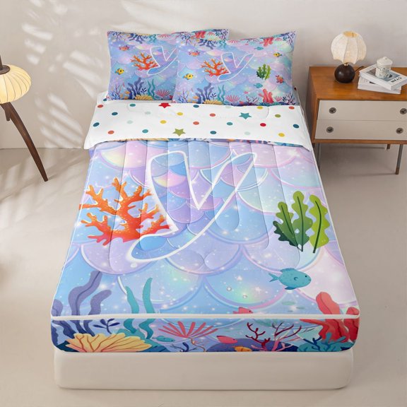 jejeloiu Watercolor Monogram Y Zipper Full Size Comforter Sets with Fitted Sheet and 2 Pillowcases For Kids,Ocean Wave Texture Zipper Bedding Set,Reversible,4-Piece