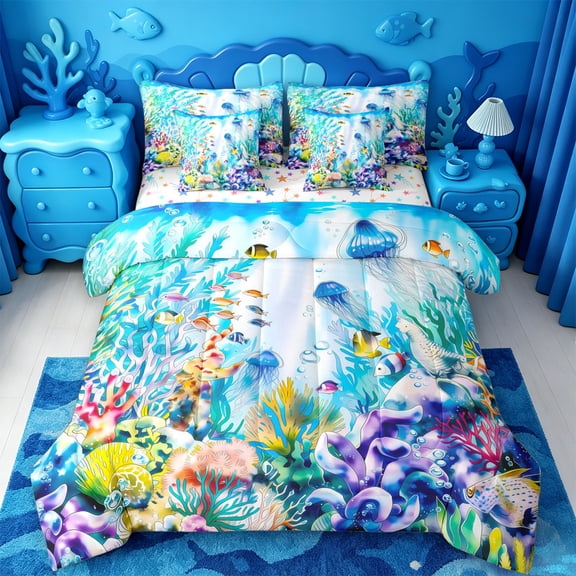jejeloiu Watercolor Ocean Animal 7-Piece Twin Bedding For Girls,Tropical Fish Coral Bedding Comforter Set,Multicolor Blue,Colorful Stars Reversible