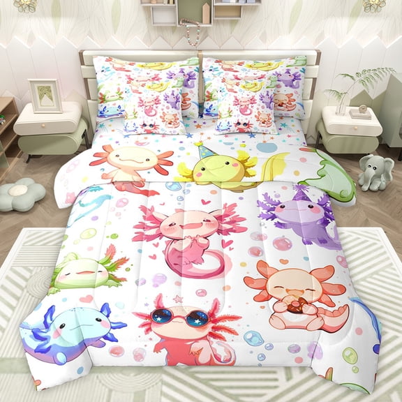 jejeloiu Watercolor Ocean Axolotl 7 Pieces Bedding Comforter Set,Sea Animal Salamander Full Bedding Set,Sweet Doughnut Dessert Fitted Sheet Flat Sheet,Microfiber Bedroom Decor Reversible
