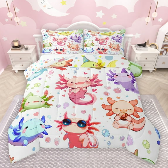 jejeloiu Watercolor Ocean Axolotl Full Size Comforter Sets,Sea Animal Salamander Bedding Comforter Set,Sweet Doughnut Dessert Bedding Sets For Boys Girls,Microfiber Bedroom Decor Reversible,3 Pieces