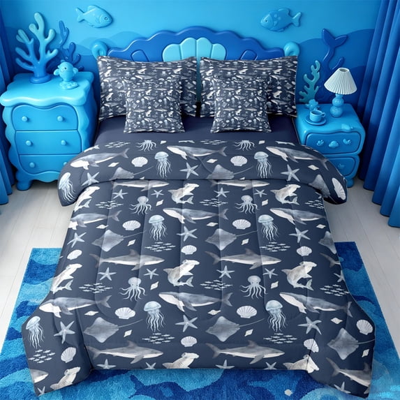 jejeloiu Watercolor Ocean Life 7-Piece Twin Bedding,Whale Jellyfish Print Bedding Comforter Set For Boys,Navy Blue,Navy Blue Reversible