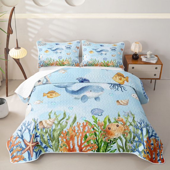 jejeloiu Watercolor Ocean Life Twin Quilt Set,Whale Print Twin Coverlet Set For Boys,Blue White,2 Pieces