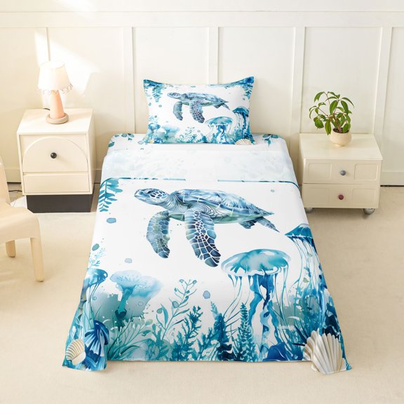 jejeloiu Watercolor Ocean Life Twin Sheets,Turtle Jellyfish Bedding For Boys,Teal White,3pcs,1 Fitted Sheet and 1 Pillowcase