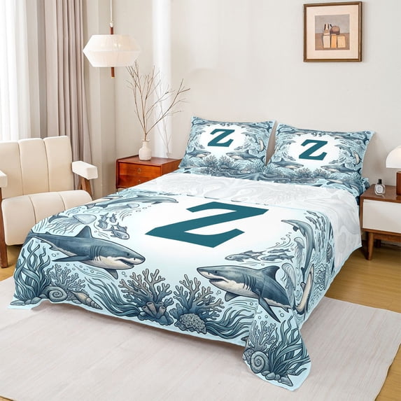 jejeloiu Watercolor Ocean Shark Bed Sheets,Coastal Alphabet Print Z Full Size Sheets For Boy,4-Piece,1 Flat Sheet, 1 Fitted Sheet and 2 Pillowcases