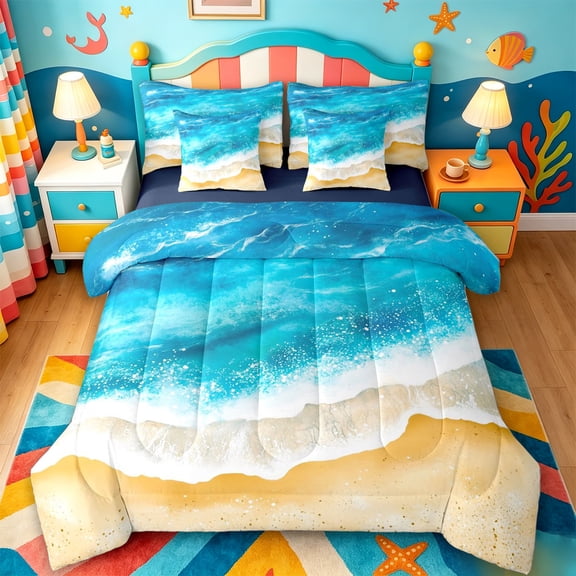 jejeloiu Watercolor Ocean Waves 7 Pieces Full Size Bedding Sets,Sand Beach Print Full Size Bed in a Bag For Boys,Blue Beige,Navy Blue Reversible