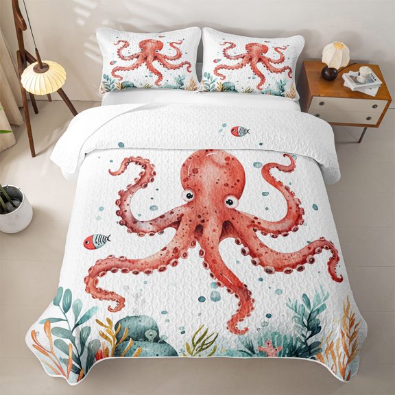 jejeloiu Watercolor Octopus Ocean Bed Spread Queen Kids,Sea Animal Queen Coverlet Set,3pcs
