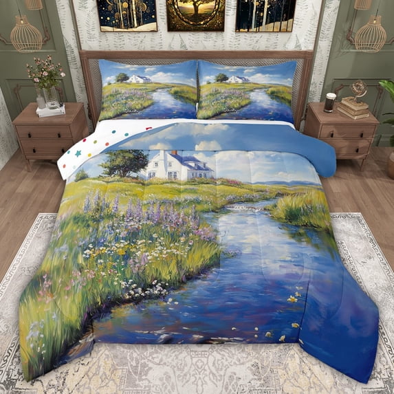 jejeloiu Watercolor Oil Painting Twin Comforter Sets,Cute Flowers Floral Bedding Set For Girl Kids Reversible 2pcs