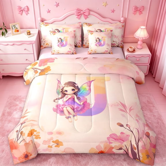jejeloiu Watercolor Ombre Monogram J 7-Piece Twin Bedding Sets For Kids,Cute Cartoon Princess Elf Bedding Comforter Set,Pink Reversible
