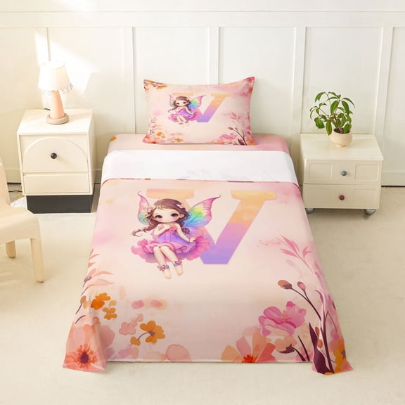 jejeloiu Watercolor Ombre Monogram V Twin Sheet Sets For Kids,Cute Cartoon Princess Elf Bedding,3pcs
