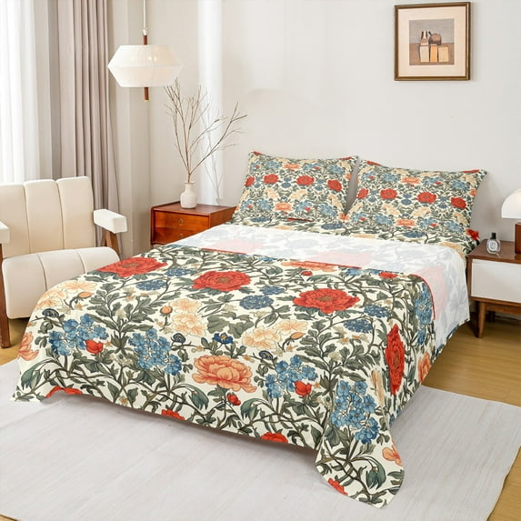 jejeloiu Watercolor Plant Flower Bed Sheets,Rustic Farmhouse Cabin King Sheets,Red Yellow Blue Sheet Set,Lightweight Room Decor,4 Pieces