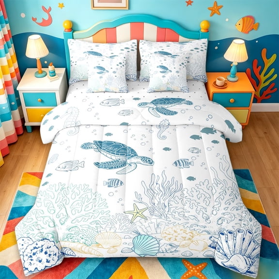 jejeloiu Watercolor Sea Turtle 7-Piece Twin Bedding,Coral Fish Print Bedding Comforter Set For Boys,Blue White