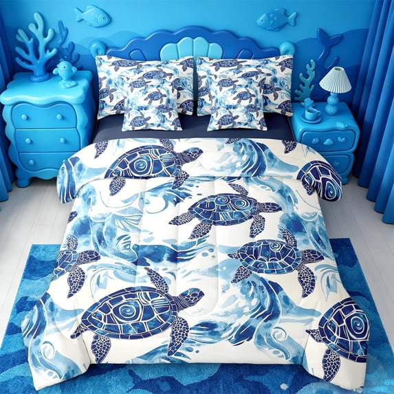 jejeloiu Watercolor Sea Turtle 7-Piece Twin Bedding,Ocean Print Bedding Comforter Set For Boys,Blue White,Navy Blue Reversible