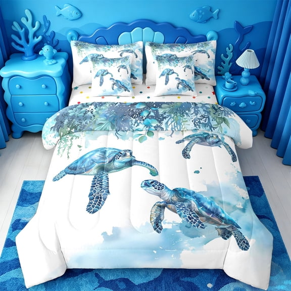 jejeloiu Watercolor Sea Turtle 7-Piece Twin Bedding,Ocean Watercolor Bedding Comforter Set For Boys,Blue White,Polkadot Reversible