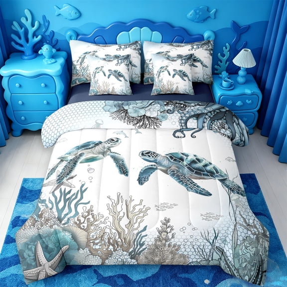 jejeloiu Watercolor Sea Turtle 7 Pieces Full Size Bedding Sets,Ocean Coral Starfish Full Size Bed in a Bag For Boys,Light Blue,Navy Blue Reversible