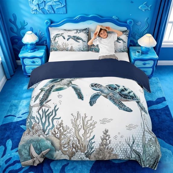 jejeloiu Watercolor Sea Turtle Bedding,Ocean Coral Starfish Duvet Cover Full For Boys,Light Blue,Navy Blue Reversible,3 Pieces,1 Duvet Cover and 2 Pillowcases