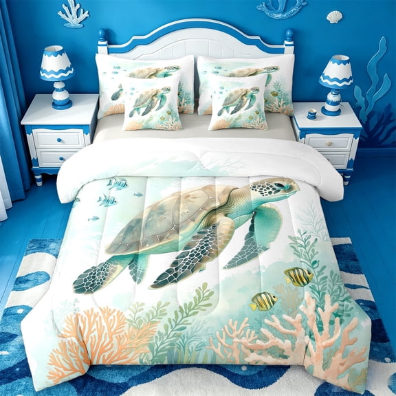 jejeloiu Watercolor Sea Turtle Coral Art 7-Piece Twin Bedding Sets Kids,Underwater Animal Print Bedding Comforter Set,Reversible