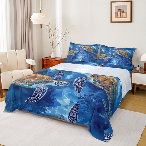jejeloiu Watercolor Sea Turtle Queen Sheet Sets Kids,Blue Ocean Animal Print Bed Set,4 Pieces