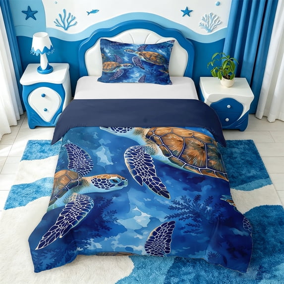 jejeloiu Watercolor Sea Turtle Twin Bedding Kids,Blue Ocean Animal Print Duvet Cover Set,Reversible,2pcs(No Comforter)