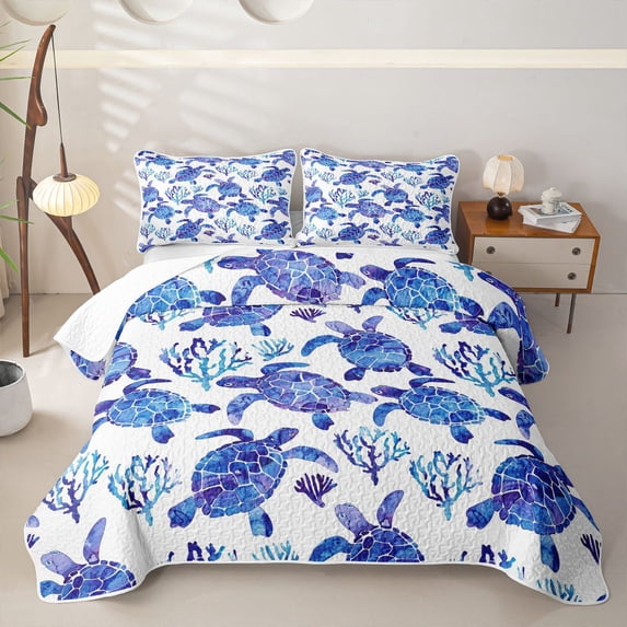 jejeloiu Watercolor Sea Turtle Twin Quilt Set,Coral Print Twin Coverlet Set For Boys,Blue White,2pcs