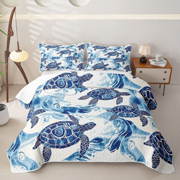 jejeloiu Watercolor Sea Turtle Twin Quilt Set,Ocean Print Twin Coverlet Set For Boys,Blue White,2-Piece
