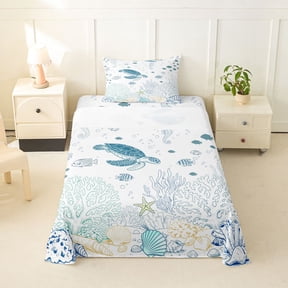 jejeloiu Watercolor Sea Turtle Twin Sheets,Coral Fish Print Bedding For Boys,Blue White,3-Piece,1 Fitted Sheet and 1 Pillowcase