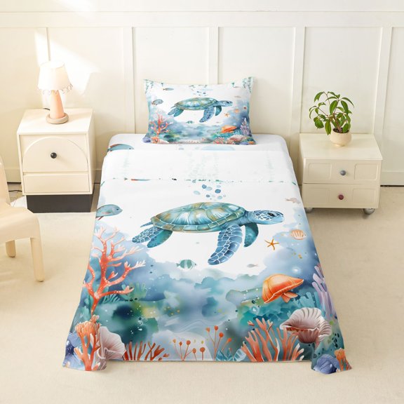 jejeloiu Watercolor Sea Turtle Twin Sheets,Ocean Coral Print Bedding For Boys,Teal White,3-Piece,1 Fitted Sheet and 1 Pillowcase