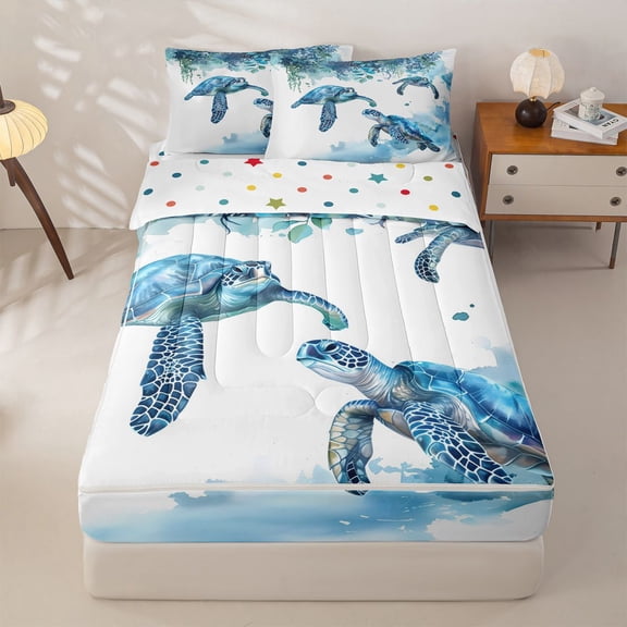 jejeloiu Watercolor Sea Turtle Zipper Twin Comforter Sets with Fitted Sheet and 2 Pillowcases,Ocean Watercolor Zipper Bedding Set For Boys,Blue White,Polkadot Reversible,4 Pieces