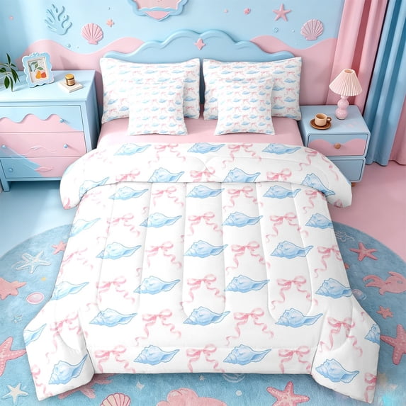 jejeloiu Watercolor Seashell Bow 7 Pieces Full Size Bedding Sets For Girls,Soft Coastal Pattern Full Size Bed in a Bag,Pastel Pink,Pink Reversible