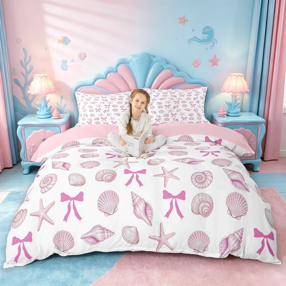jejeloiu Watercolor Seashell Starfish Bedding For Girls,Pink Bow Duvet Cover Full,Pink White,Pink Reversible,3 Pieces,1 Duvet Cover and 2 Pillowcases
