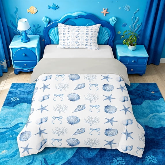 jejeloiu Watercolor Seashell Twin Duvet Cover For Girls,Starfish Bow Print Twin Bedding,Blue White,Light Gray Reversible,2 Pieces,1 Duvet Cover and 1 Pillowcase