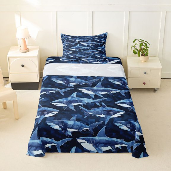 jejeloiu Watercolor Shark Print Twin Sheets,Ocean Pattern Bedding For Boys,Blue Navy,3pcs,1 Fitted Sheet and 1 Pillowcase