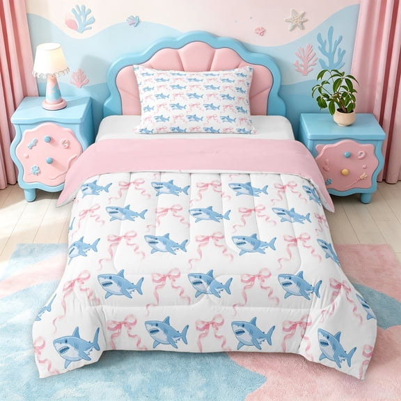 jejeloiu Watercolor Shark Ribbon Twin Comforter Sets For Girls,Cute Nautical Bow Bedding Set,White Pink,Pink Reversible,2 Pieces,1 Comforter and 1 Pillowcase