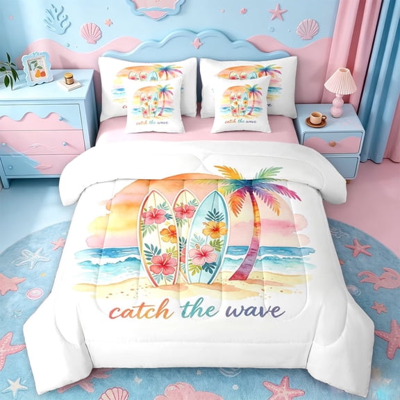jejeloiu Watercolor Surfboard 7 Pieces Full Size Bedding Sets For Girls,Beach Print Full Size Bed in a Bag,Multicolor,Pink Reversible