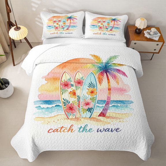 jejeloiu Watercolor Surfboard Bed Spread Queen For Girls,Beach Print Queen Coverlet Set,Multicolor,3 Pieces