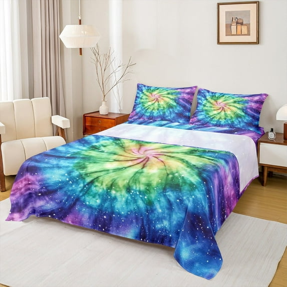 jejeloiu Watercolor Tie Dye Bed Sheets,Abstract Aesthetic Desgin King Sheets,Glitter Starry Night Sheet Set For Child,Luxury Bedroom Decor,4 Pieces